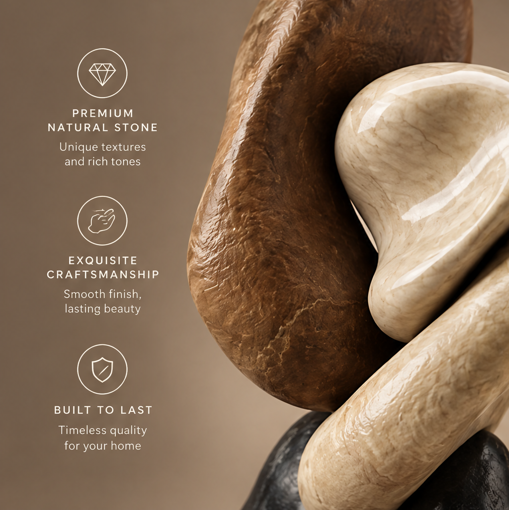 Detail view of organic tri-stone sculpture showing three stone types — Premium Natural Stone, Exquisite Craftsmanship, Smooth Finish, Lasting Beauty, Built to Last, Timeless Quality