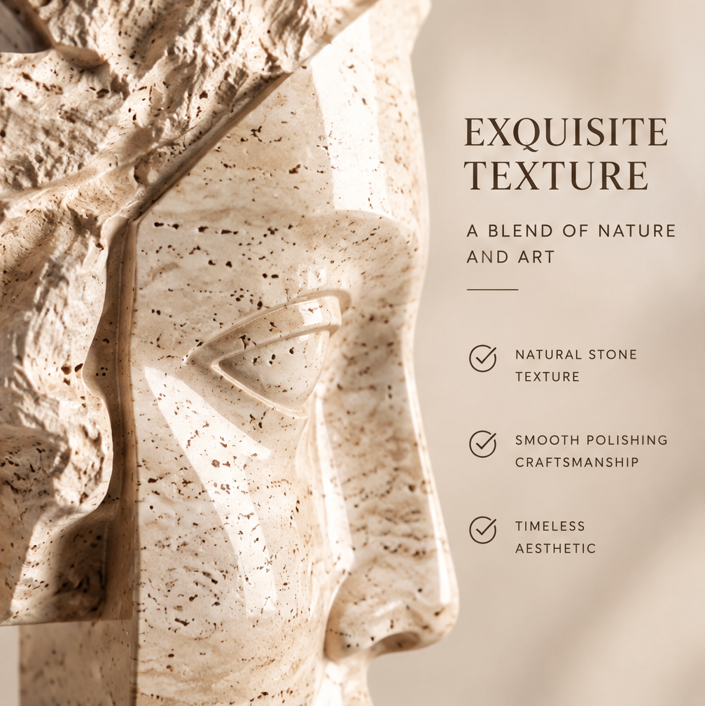Close-up of travertine stone face sculpture texture — Exquisite Texture, A Blend of Nature and Art, Natural Stone Texture, Smooth Polishing Craftsmanship, Timeless Aesthetic