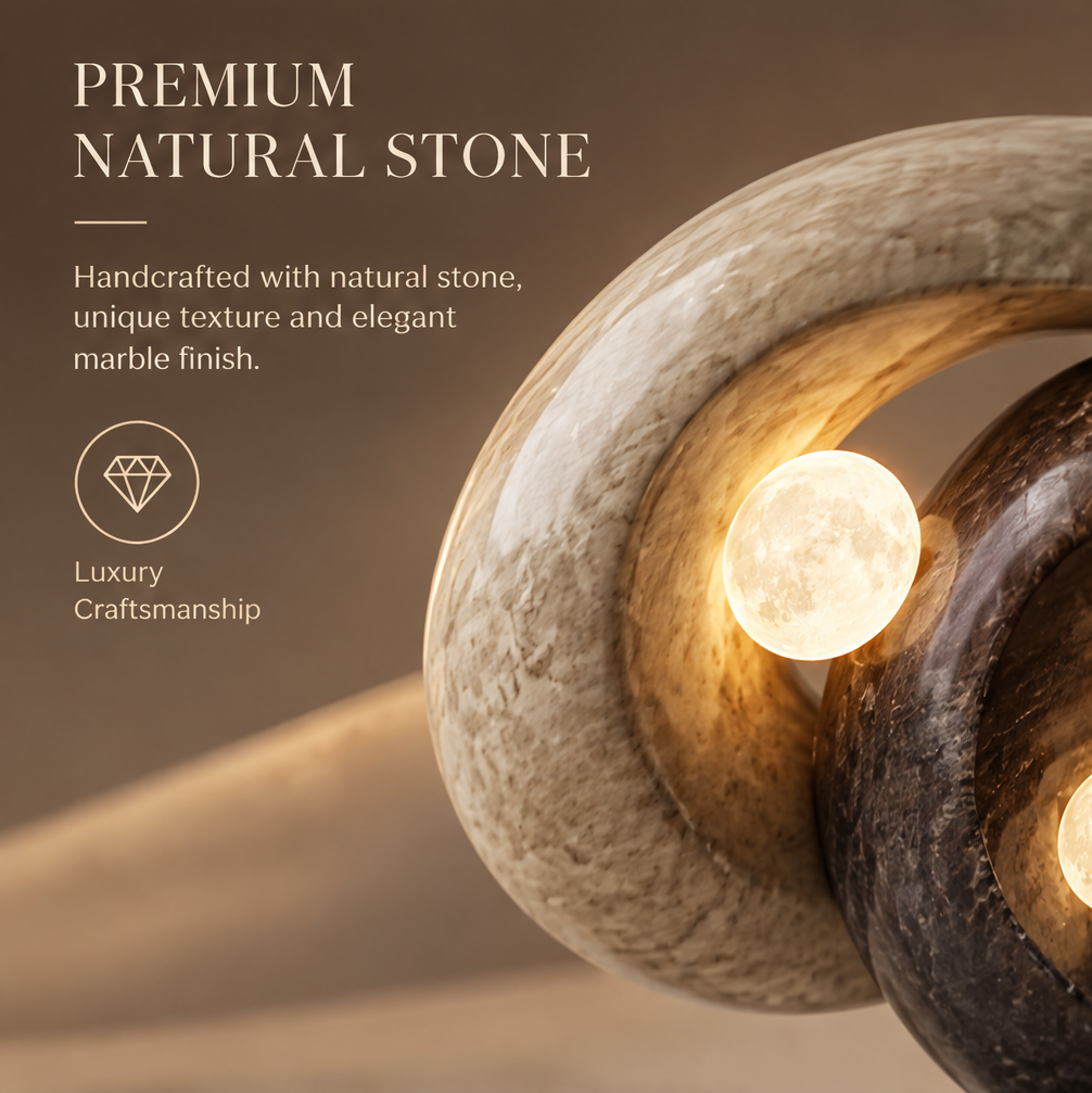 Close-up of natural stone texture and small moon orb on stone sculpture lamp — Premium Natural Stone, Handcrafted with Natural Stone, Unique Texture, Elegant Marble Finish, Luxury Craftsmanship