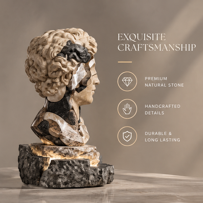 Close-up of handcrafted natural marble bust showing exquisite detailing, texture and seams — Premium Marble, Hand Crafted, Lasting Quality