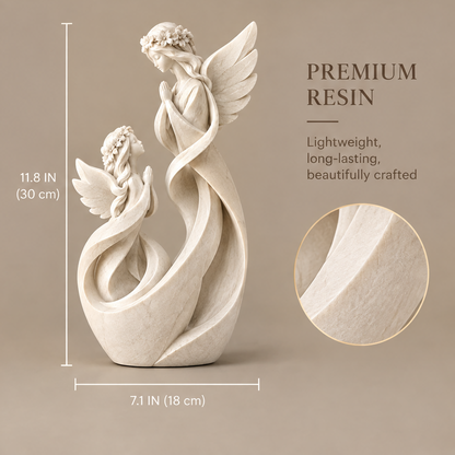 VITALUXO dual angel infinity sculpture with dimensions 11.8 IN (30 cm) height and 7.1 IN (18 cm) width, material close-up showing premium resin finish — Lightweight, Long-Lasting, Beautifully Crafted