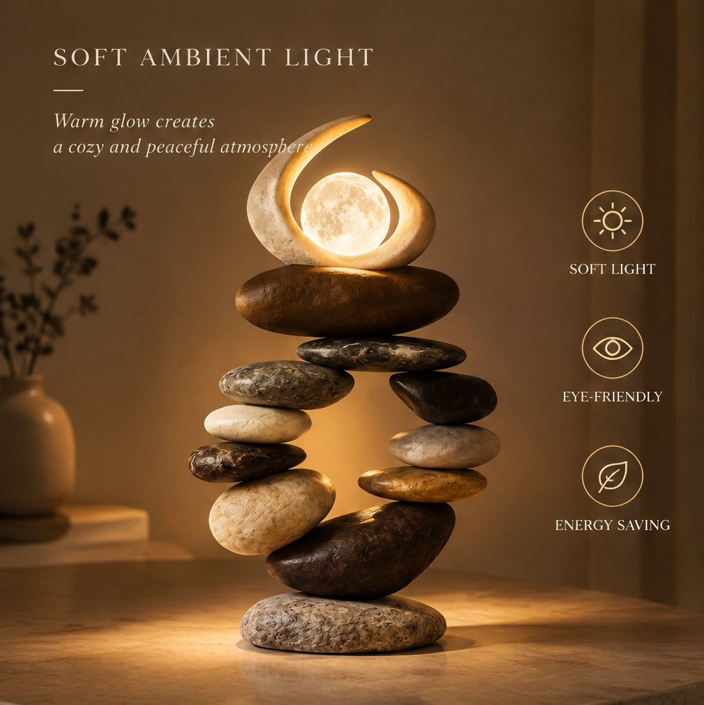 VITALUXO stacked stone moon lamp glowing warm in ambient setting beside dried botanical vase — Soft Ambient Light, Warm Glow Creates a Cozy and Peaceful Atmosphere, Soft Light, Eye-Friendly, Energy Saving