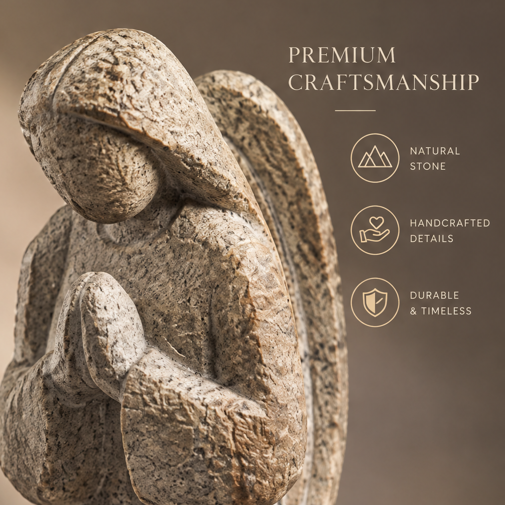 Close-up of guardian angel head and wing detail in natural granite texture — Premium Craftsmanship, Natural Stone, Handcrafted Details, Durable & Timeless