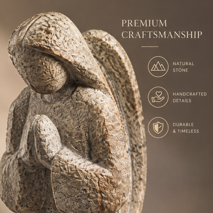 Close-up of guardian angel head and wing detail in natural granite texture — Premium Craftsmanship, Natural Stone, Handcrafted Details, Durable & Timeless