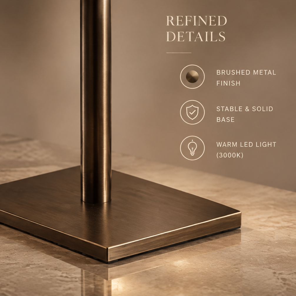 Close-up of brushed metal base and pole of VITALUXO stone art lamp — Refined Details, Brushed Metal Finish, Stable & Solid Base, Warm LED Light 3000K