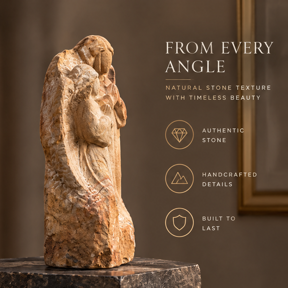 Side view of raw stone angel relief sculpture on dark marble base beside gold-framed artwork — From Every Angle, Natural Stone Texture with Timeless Beauty, Authentic Stone, Handcrafted Details, Built to Last
