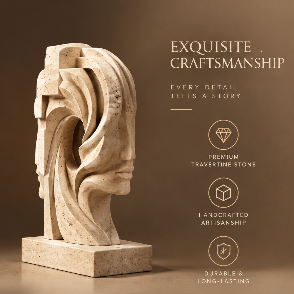 VITALUXO dual portrait travertine sculpture against warm dark brown background — Exquisite Craftsmanship, Every Detail Tells a Story, Premium Travertine Stone, Handcrafted Artisanship, Durable & Long-Lasting