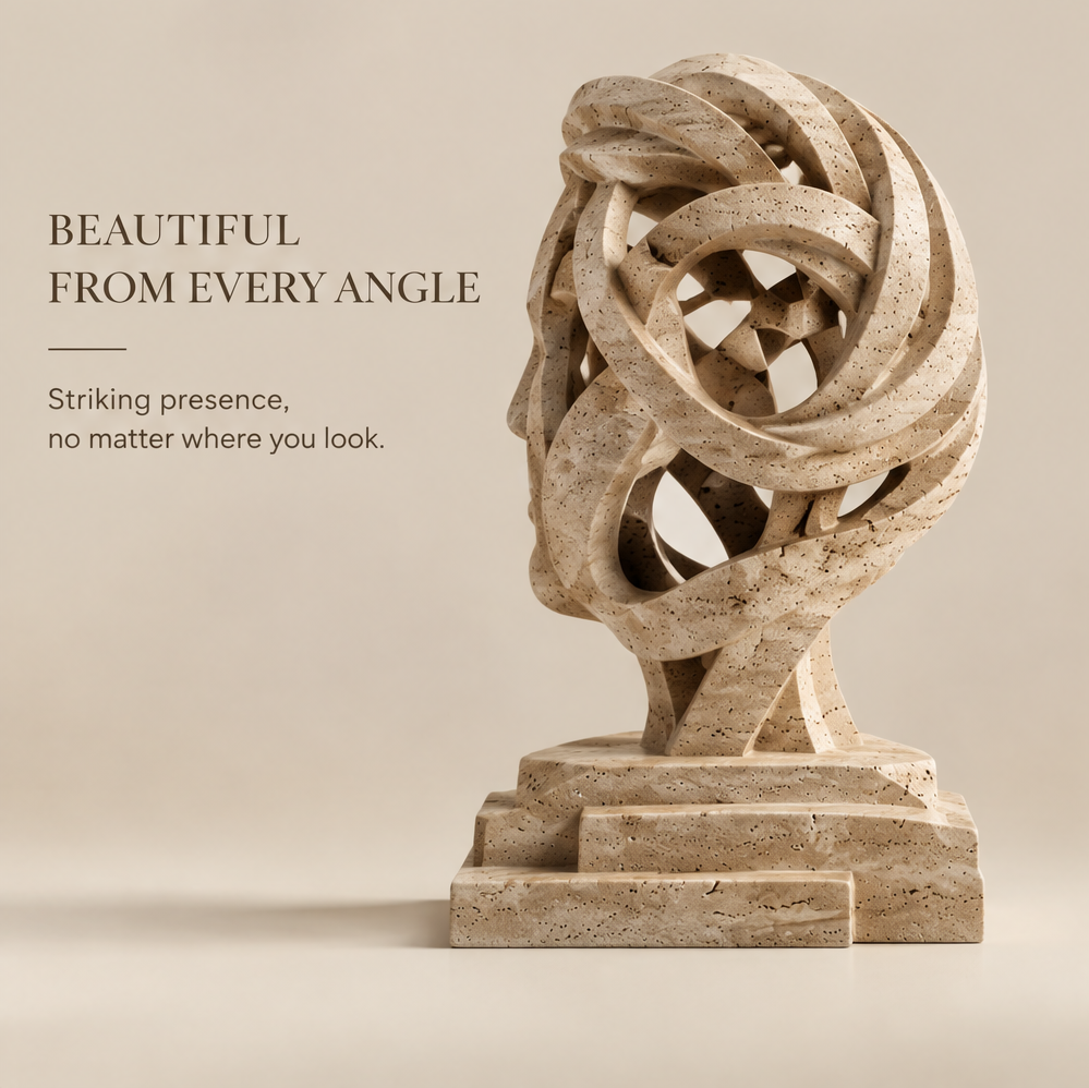 VITALUXO spiral knot travertine sculpture against a neutral background — Beautiful from Every Angle, Striking presence, no matter where you look