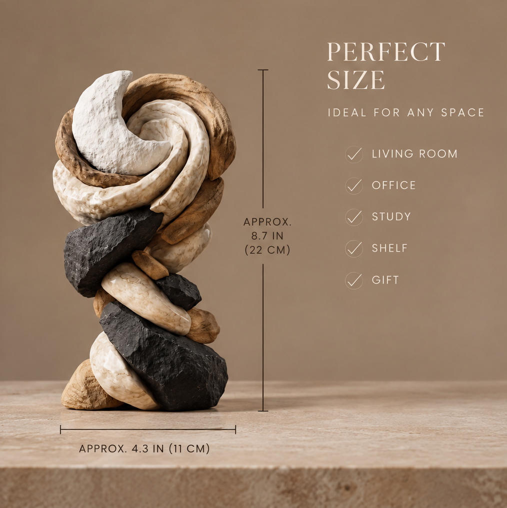 VITALUXO tri-stone sculpture with size dimensions: approx. 8.7 in (22 cm) tall x 4.3 in (11 cm) wide — Perfect Size, Ideal for Living Room, Office, Study, Shelf, Gift