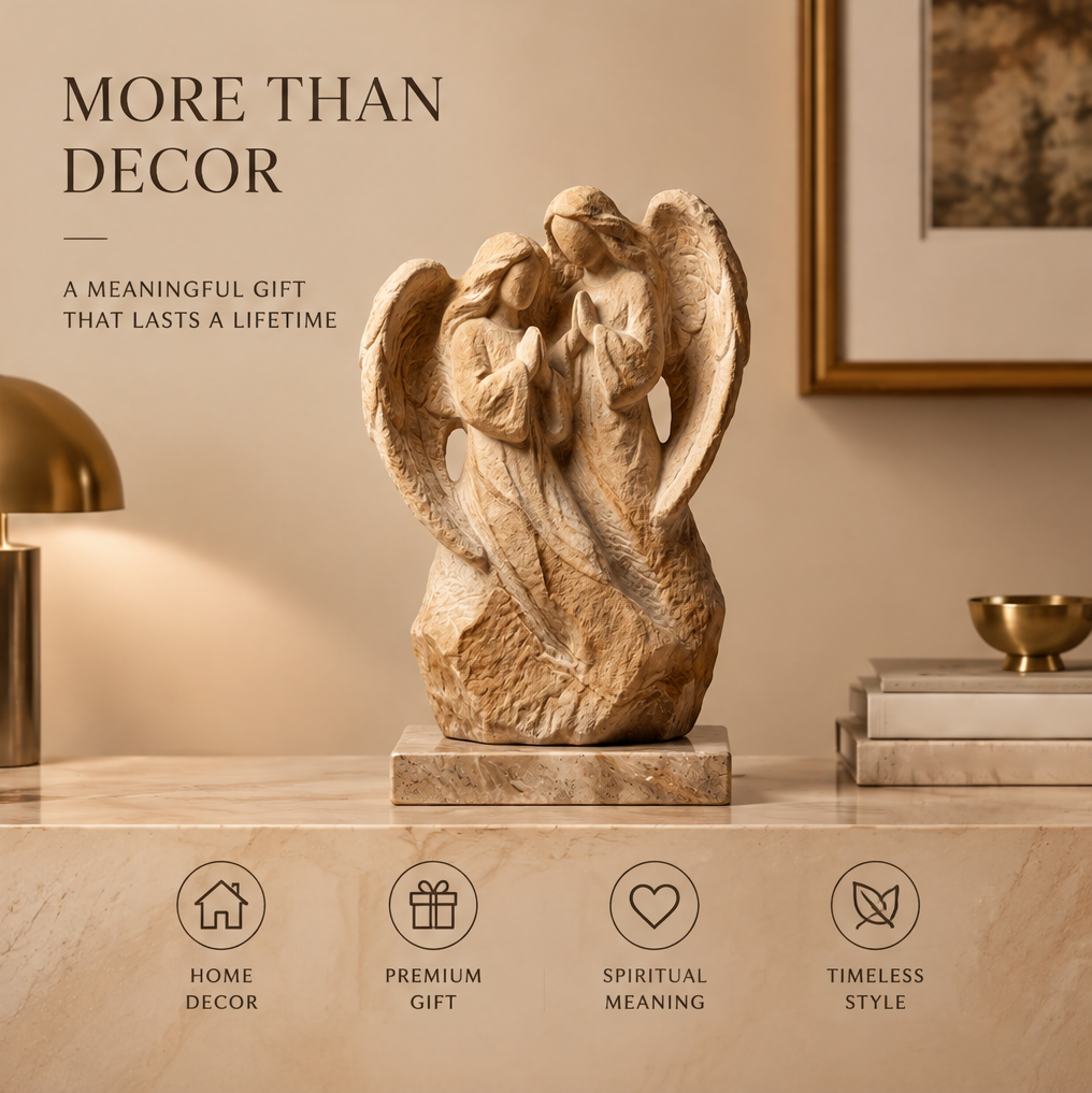 VITALUXO dual angel stone sculpture on marble surface in warm living room beside brass lamp, art books and brass bowl — More Than Decor, A Meaningful Gift That Lasts a Lifetime, Home Decor, Premium Gift, Spiritual Meaning, Timeless Style
