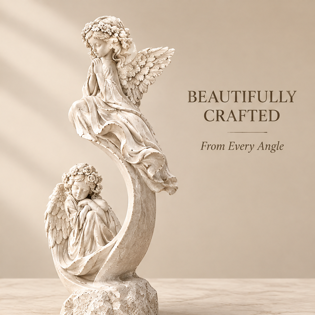 VITALUXO dual angel spiral tower sculpture front view showing seated upper angel and resting lower angel sharing S-curve form on floral base — Beautifully Crafted, From Every Angle