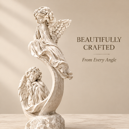VITALUXO dual angel spiral tower sculpture front view showing seated upper angel and resting lower angel sharing S-curve form on floral base — Beautifully Crafted, From Every Angle