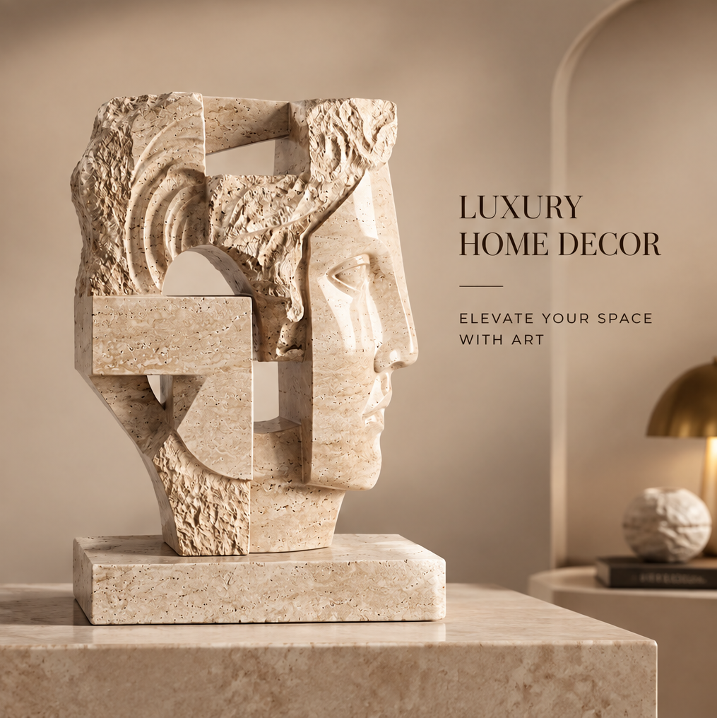 VITALUXO travertine dual-face sculpture displayed on a marble plinth with warm lamp in background — Luxury Home Decor, Elevate Your Space with Art