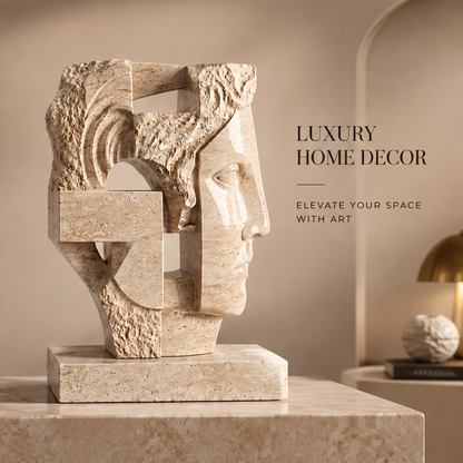 VITALUXO travertine dual-face sculpture displayed on a marble plinth with warm lamp in background — Luxury Home Decor, Elevate Your Space with Art