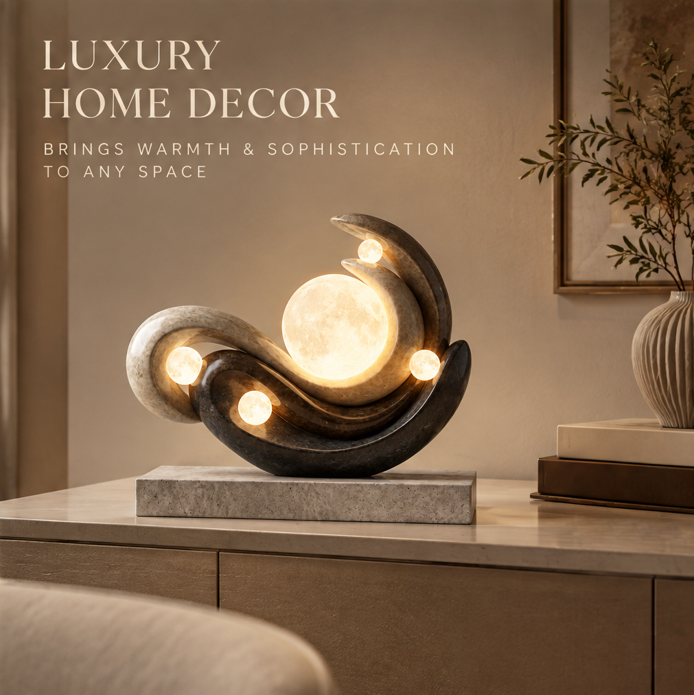 VITALUXO Moon Sculpture Stone Art Lamp glowing on sideboard console in warm living room with botanical vase, framed art and stacked books — Luxury Home Decor, Brings Warmth & Sophistication to Any Space