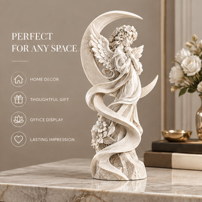 VITALUXO moon crescent floral angel sculpture on marble console in warm living room beside white roses in gold vase and brass bowl — Perfect for Any Space, Home Decor, Thoughtful Gift, Office Display, Lasting Impression