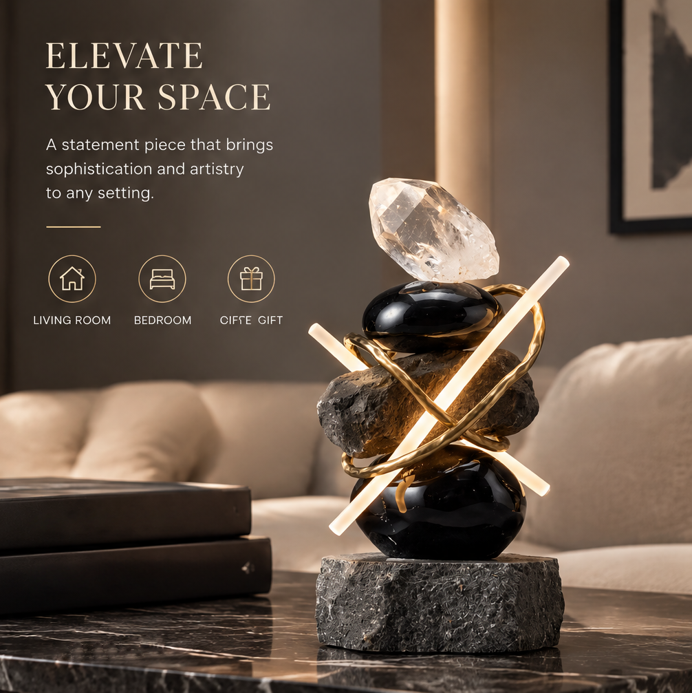VITALUXO crystal black stone gold metal sculpture on marble coffee table in luxury living room with sofa and framed art — Elevate Your Space, Statement Piece, Living Room, Bedroom, Gift