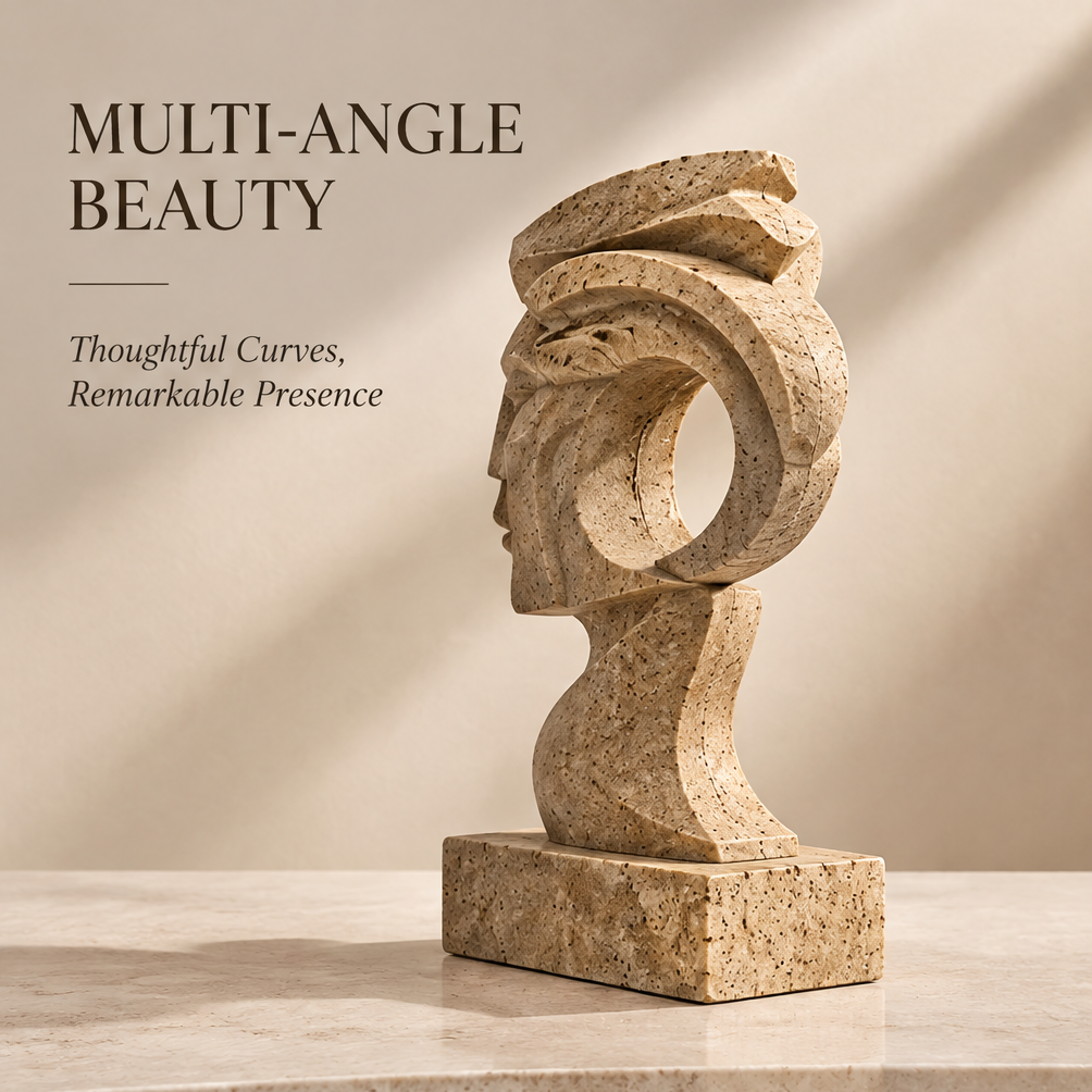 Side profile of travertine abstract sculpture — Multi-Angle Beauty, Thoughtful Curves, Remarkable Presence