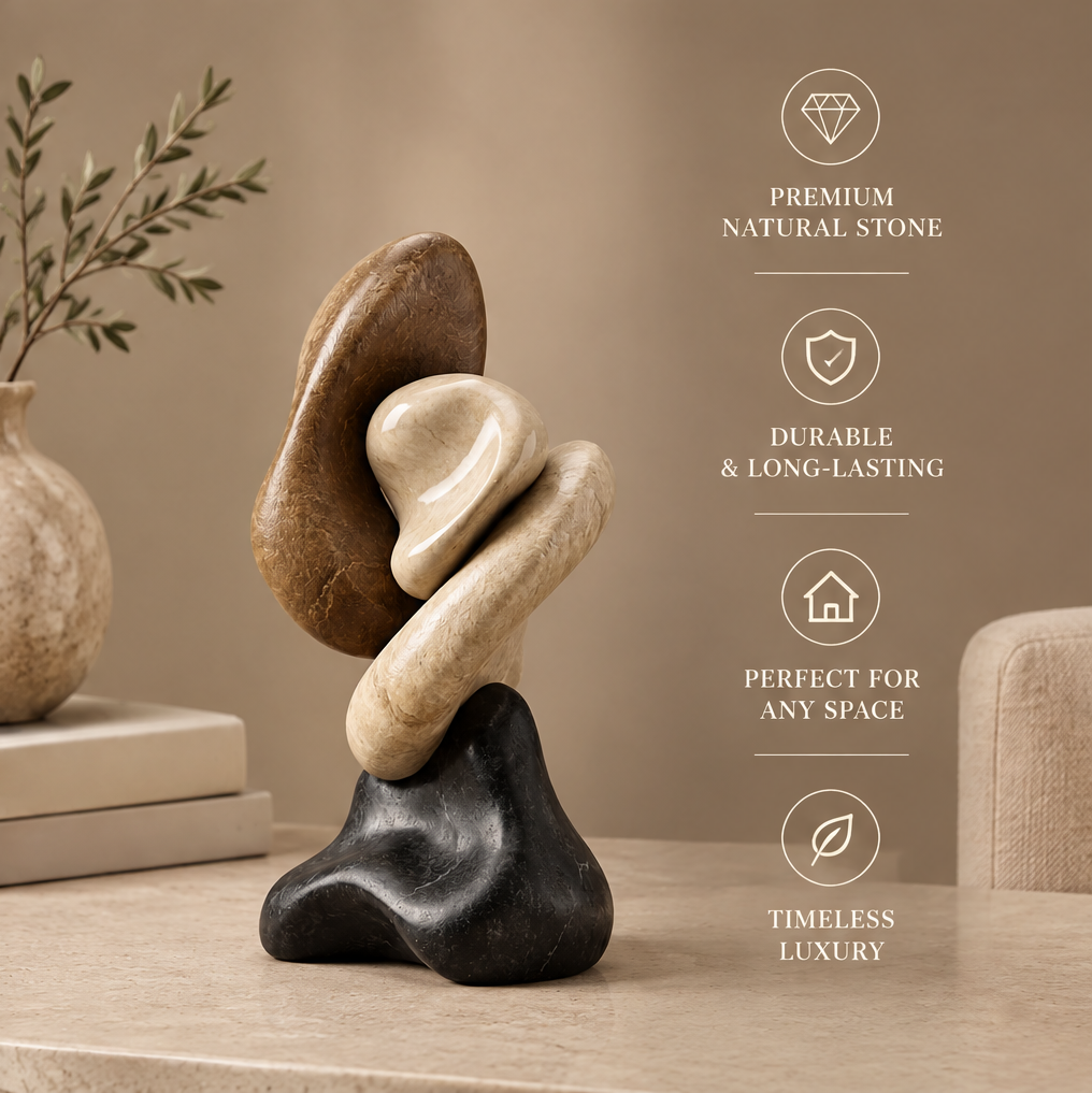 VITALUXO organic tri-stone sculpture on marble surface with botanical vase in soft natural light — Premium Natural Stone, Durable & Long-Lasting, Perfect for Any Space, Timeless Luxury