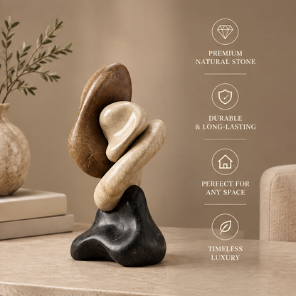 VITALUXO organic tri-stone sculpture on marble surface with botanical vase in soft natural light — Premium Natural Stone, Durable & Long-Lasting, Perfect for Any Space, Timeless Luxury