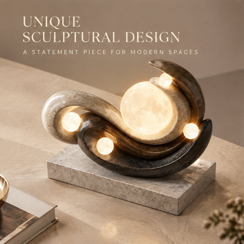 VITALUXO moon sculpture stone lamp on wood surface with warm side light showing all four glowing moon orbs and S-curve stone form — Unique Sculptural Design, A Statement Piece for Modern Spaces