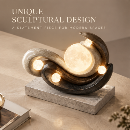 VITALUXO moon sculpture stone lamp on wood surface with warm side light showing all four glowing moon orbs and S-curve stone form — Unique Sculptural Design, A Statement Piece for Modern Spaces