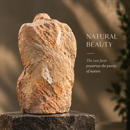 Back view of raw stone angel sculpture showing unfinished natural stone texture — Natural Beauty, The Raw Form Preserves the Purity of Nature