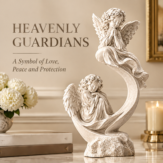 VITALUXO Heavenly Guardians Dual Angel Spiral Sculpture in warm living room with white peonies, gold candleholder and framed art — Heavenly Guardians, A Symbol of Love, Peace and Protection