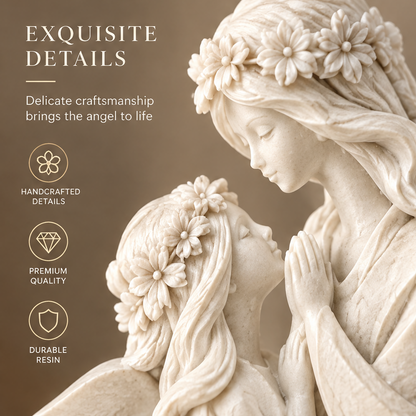 Close-up of large angel face with daisy flower crown and small angel with flower crown looking upward — Exquisite Details, Delicate Craftsmanship Brings the Angel to Life, Handcrafted Details, Premium Quality, Durable Resin