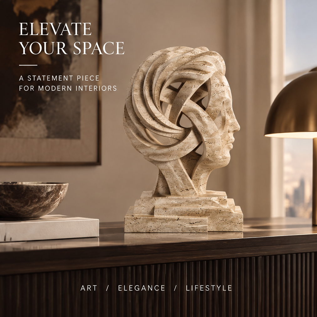 VITALUXO Spiral Knot Travertine Bust Sculpture on a dark console with warm lamp and gold vase — Elevate Your Space, A Statement Piece for Modern Interiors, Art / Elegance / Lifestyle