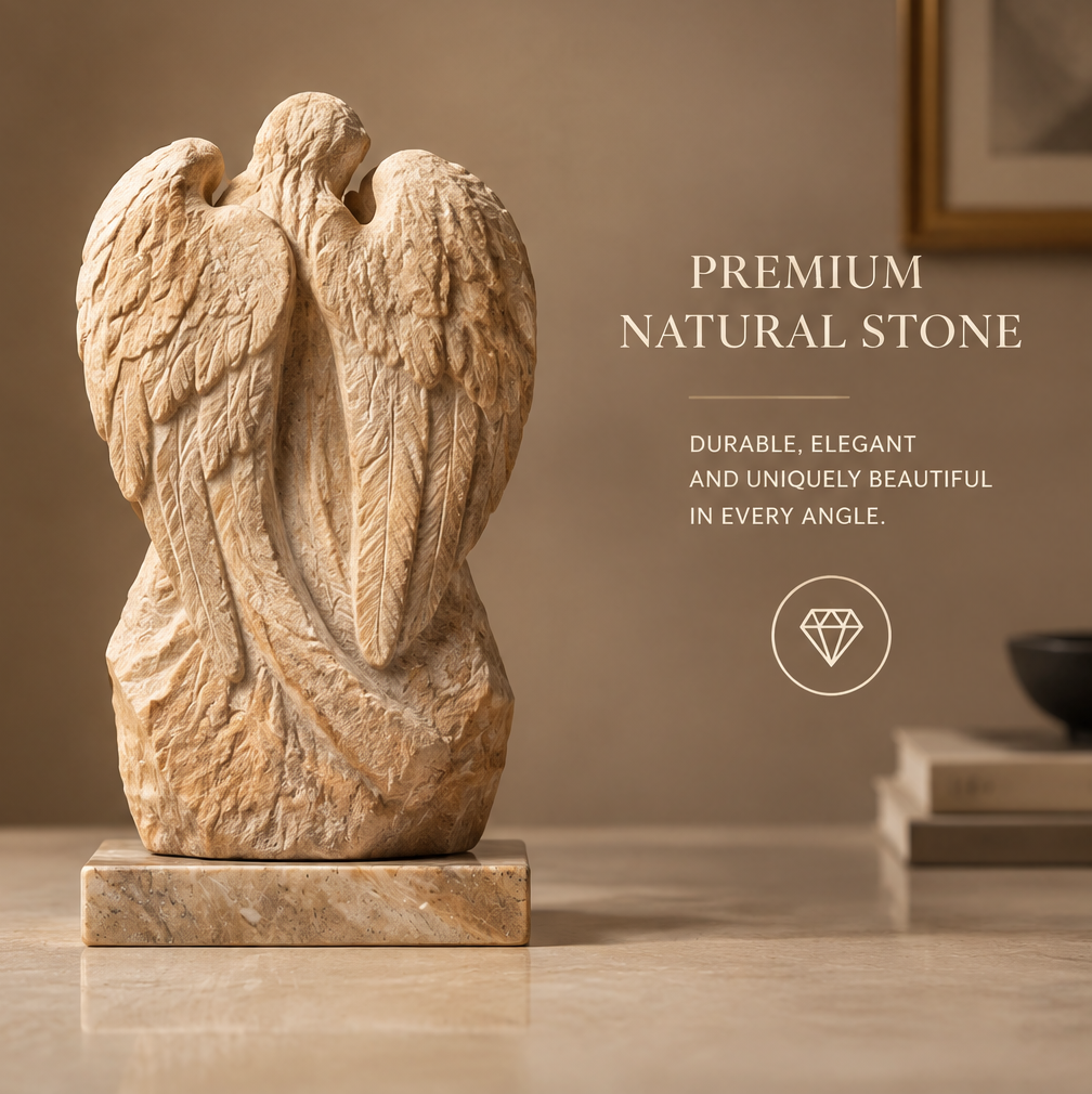 VITALUXO dual angel sculpture back view showing full wing spread on travertine base — Premium Natural Stone, Durable, Elegant and Uniquely Beautiful in Every Angle