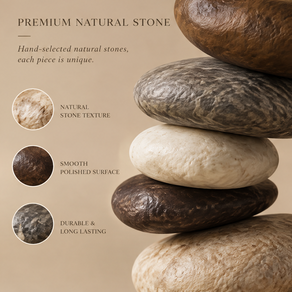 Close-up of three natural stone textures: natural stone texture, smooth polished surface, durable & long lasting — Premium Natural Stone, Hand-Selected Natural Stones, Each Piece is Unique