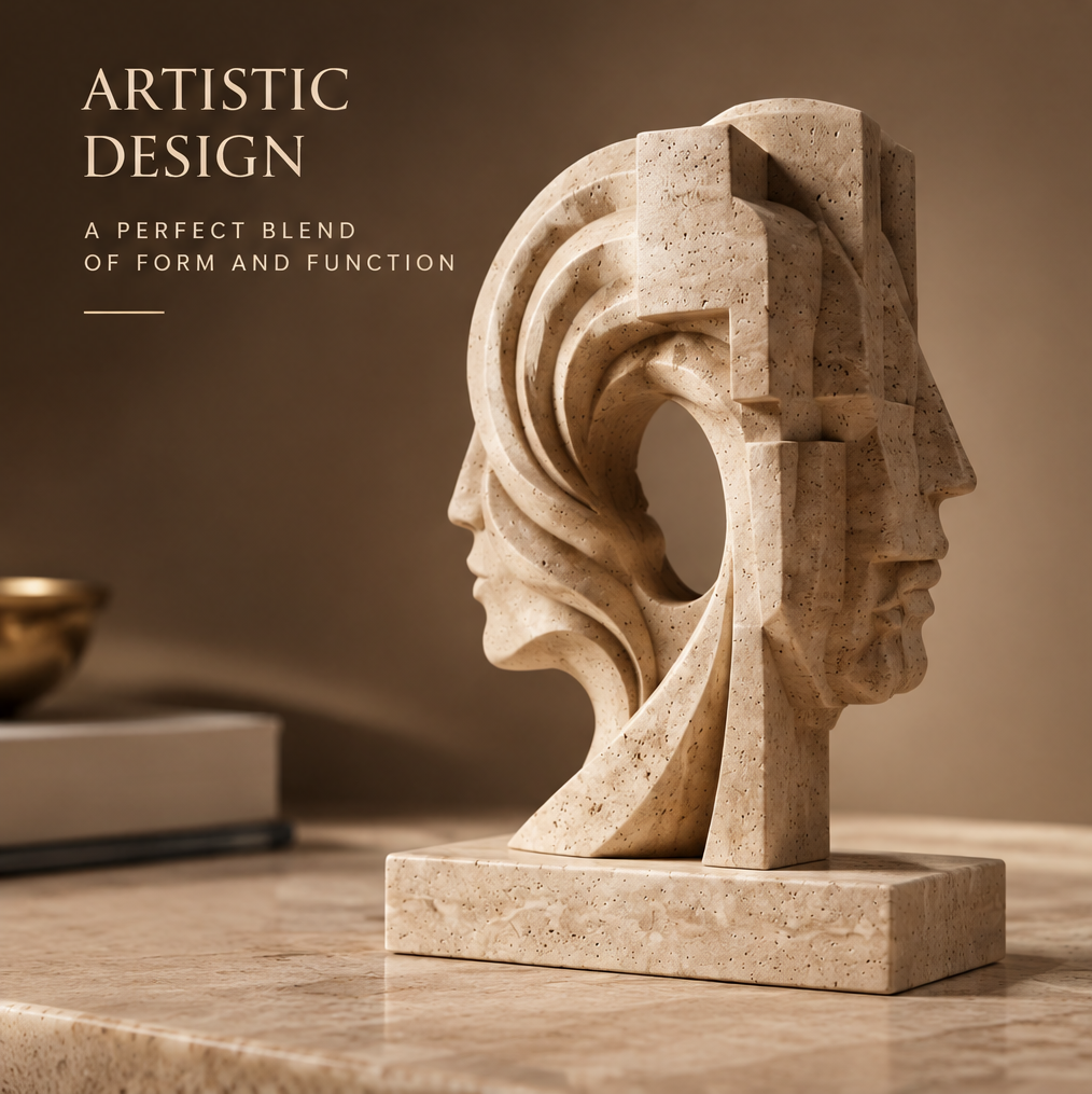 VITALUXO dual portrait travertine sculpture on a marble surface in warm ambient scene — Artistic Design, A Perfect Blend of Form and Function