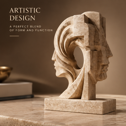 VITALUXO dual portrait travertine sculpture on a marble surface in warm ambient scene — Artistic Design, A Perfect Blend of Form and Function