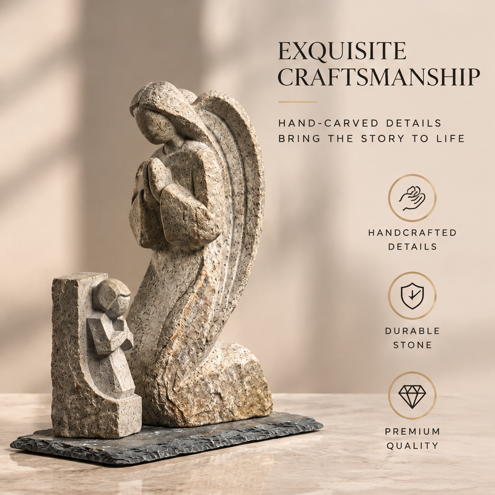VITALUXO guardian angel stone sculpture front view showing praying angel with outstretched wings and kneeling child figure on dark marble base — Exquisite Craftsmanship, Hand-Carved Details Bring the Story to Life, Handcrafted Details, Durable Stone, Premium Quality