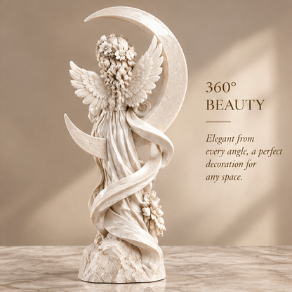 Back view of VITALUXO moon crescent floral angel sculpture showing flower crown hair detail, wing feathers and spiral ribbon body on stone finish base — 360° Beauty, Elegant from Every Angle, A Perfect Decoration for Any Space