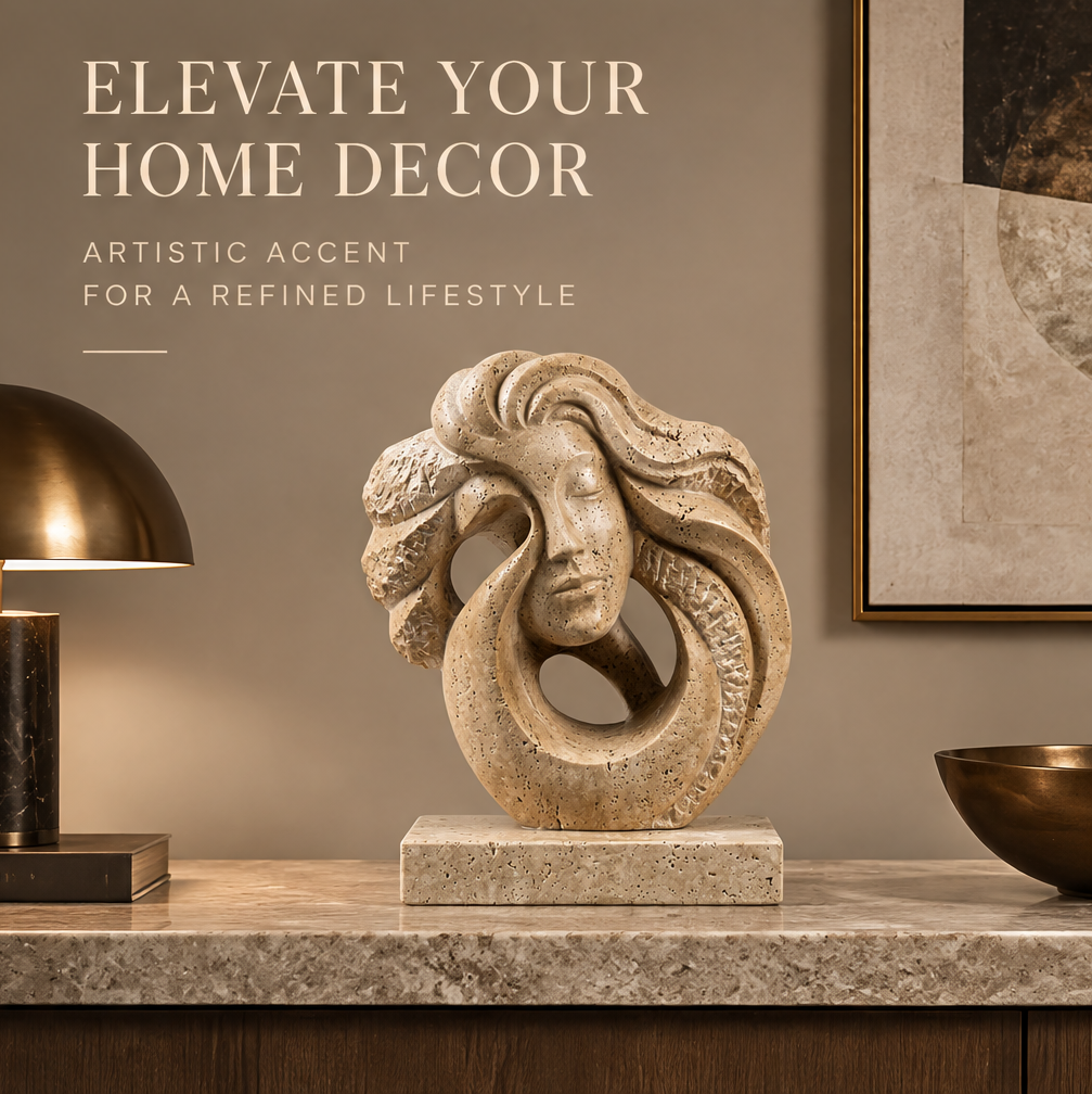 VITALUXO Flowing Wave Face Travertine Sculpture on a marble console with brass lamp and bowl — Elevate Your Home Decor, Artistic Accent for a Refined Lifestyle
