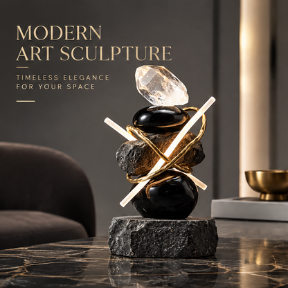 VITALUXO Crystal & Black Stone Gold Metal Art Sculpture on black marble surface beside brass bowl and books — Modern Art Sculpture, Timeless Elegance for Your Space