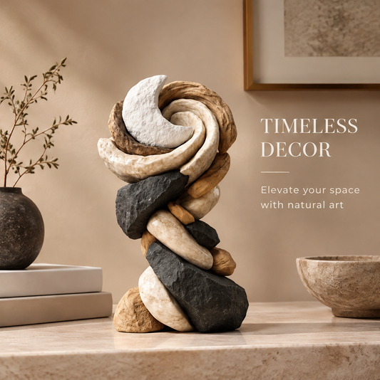 VITALUXO Tri-Stone Twisted Stack Sculpture on a marble console beside dark ceramic vase with botanicals and cream bowl — Timeless Decor, Elevate Your Space with Natural Art