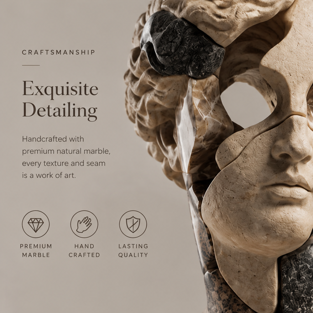 Multi-angle view of the marble bust sculpture — elegant sculptural form captivating from every angle, 360° All-Round Beauty