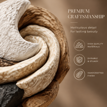 Close-up of tri-stone twisted sculpture showing interlocking white, tan, and dark grey natural stone textures — Premium Craftsmanship, High-Quality Materials, Durable & Sturdy, Handcrafted Finish