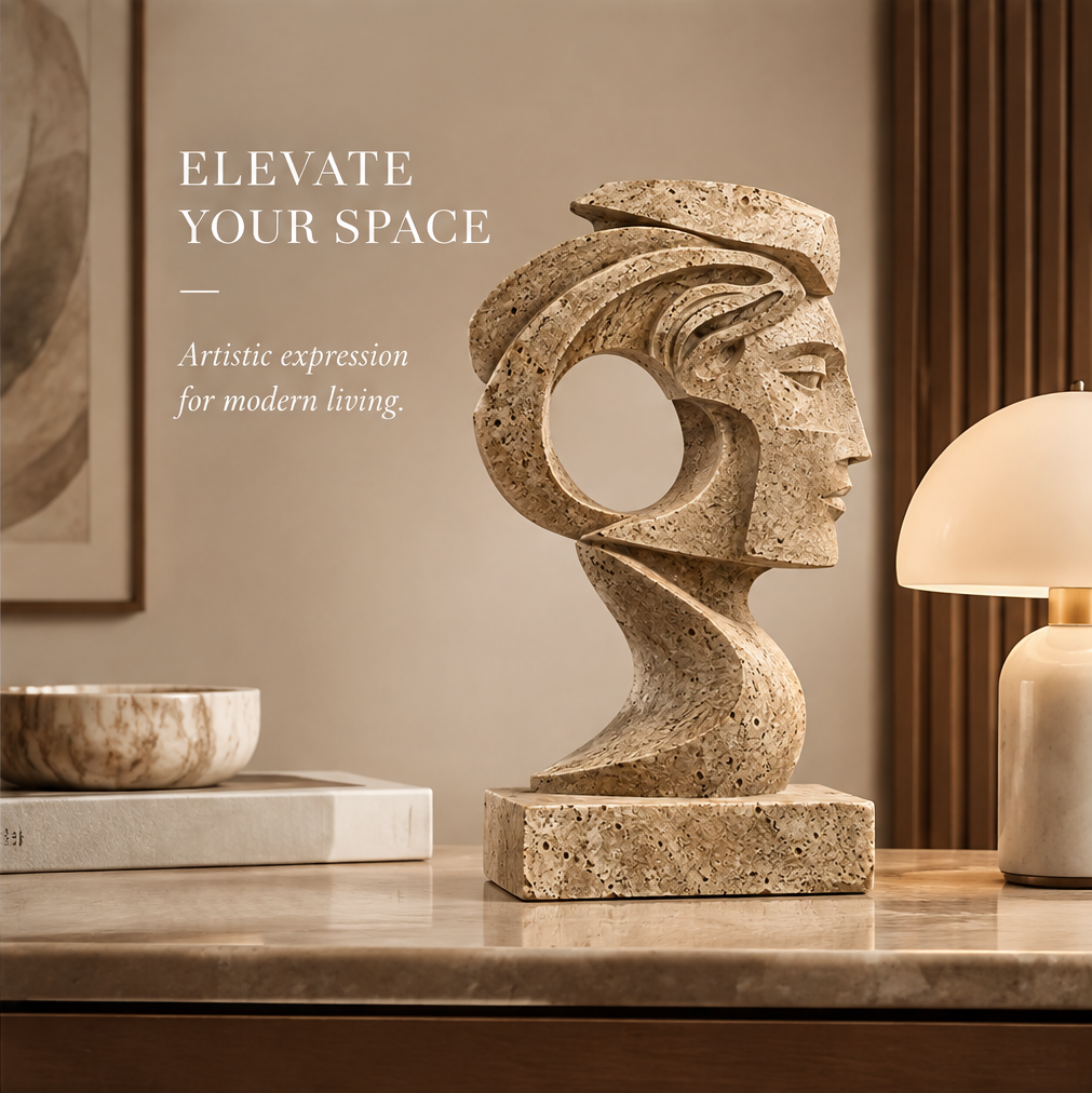 VITALUXO abstract travertine bust sculpture on a marble desk beside a table lamp — Elevate Your Space, Artistic expression for modern living