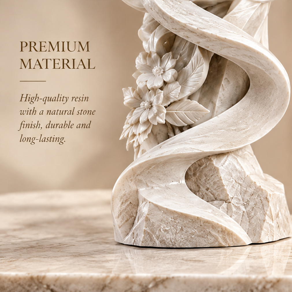 Close-up of spiral ribbon base and floral cluster detail in white resin stone finish — Premium Material, High-Quality Resin with Natural Stone Finish, Durable and Long-Lasting