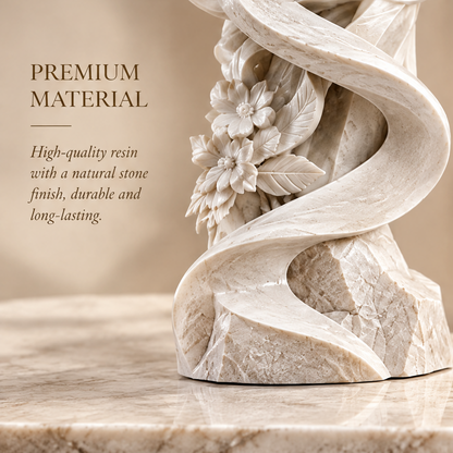 Close-up of spiral ribbon base and floral cluster detail in white resin stone finish — Premium Material, High-Quality Resin with Natural Stone Finish, Durable and Long-Lasting