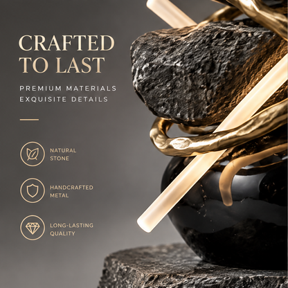 Close-up detail of handcrafted gold metal wrap, volcanic rock, and black stone base — Crafted to Last, Premium Materials, Exquisite Details, Natural Stone, Handcrafted Metal, Long-Lasting Quality