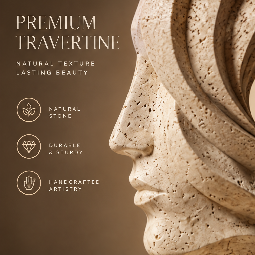 Close-up of premium travertine stone texture on dual portrait sculpture — Natural Texture, Lasting Beauty, Natural Stone, Durable & Sturdy, Handcrafted Artistry