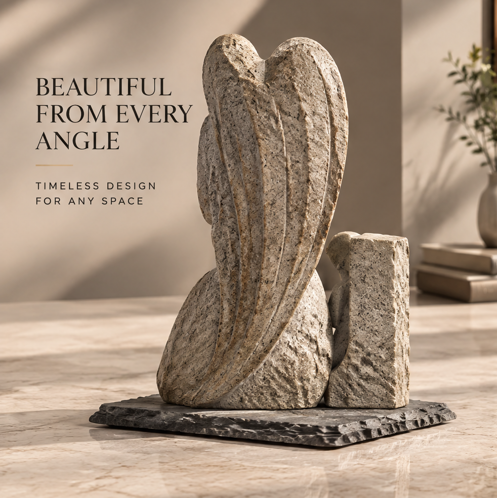 VITALUXO guardian angel stone sculpture back view on marble console with botanical stem and stacked books — Beautiful from Every Angle, Timeless Design for Any Space