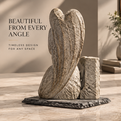 VITALUXO guardian angel stone sculpture back view on marble console with botanical stem and stacked books — Beautiful from Every Angle, Timeless Design for Any Space