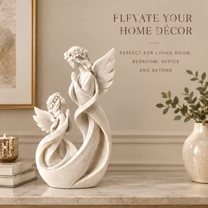 VITALUXO dual angel infinity sculpture on marble console with gold candle, green botanical vase and gold-framed artwork — Elevate Your Home Décor, Perfect for Living Room, Bedroom, Office and Beyond
