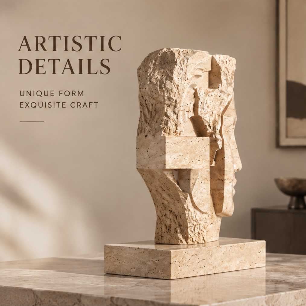Side view of dual-face travertine sculpture on marble surface in natural light — Artistic Details, Unique Form, Exquisite Craft